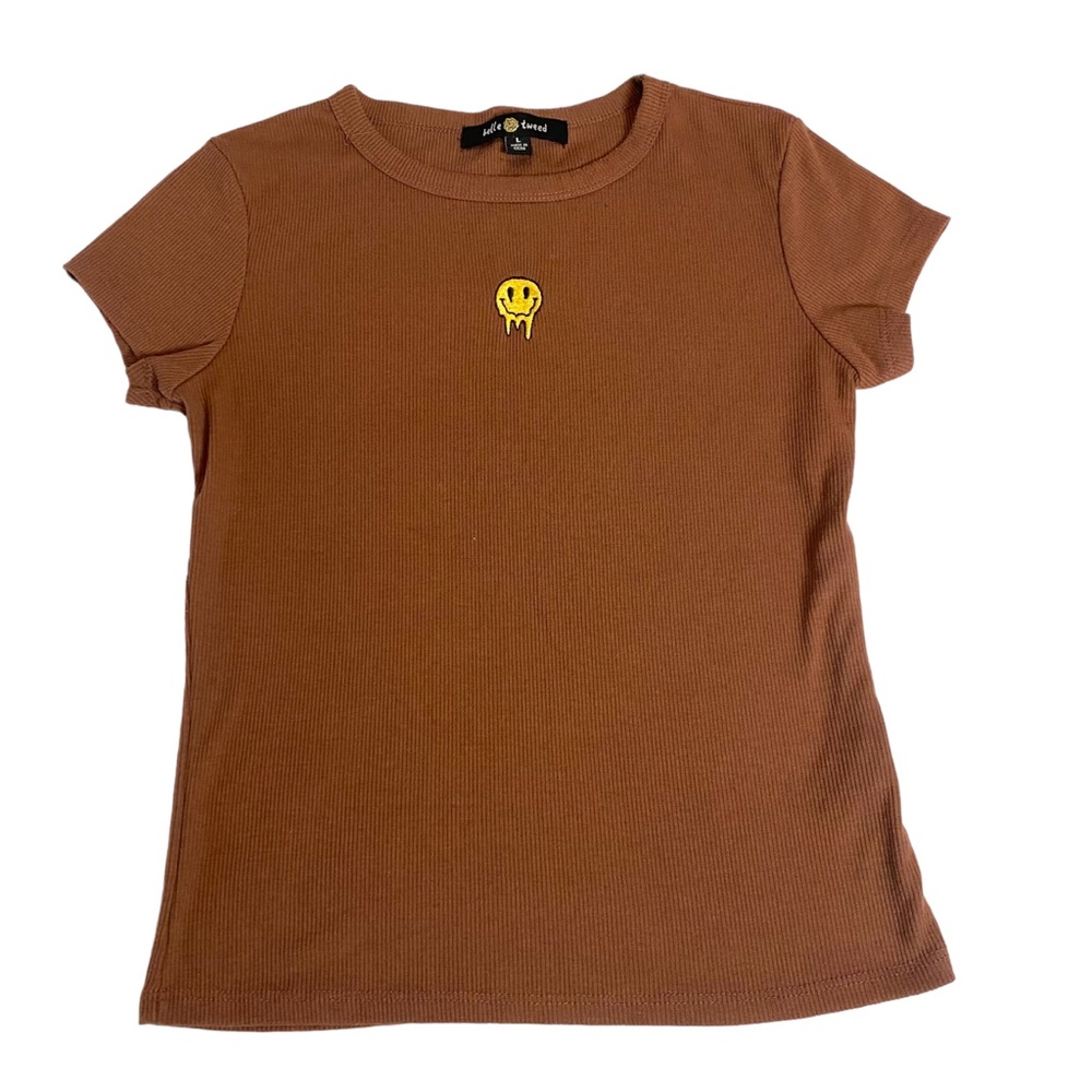 Baby Tee Size Large Melted Happy Face Ribbed tight short sleeve t-shirt in brown